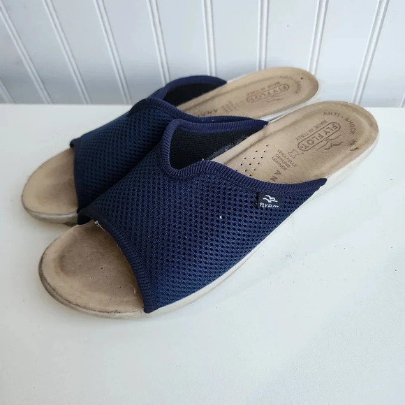 Fly Flot Slip Anti Shock On Sandals Navy Blue Women's Genuine Leather 40 Italy 9 - Picture 3 of 9